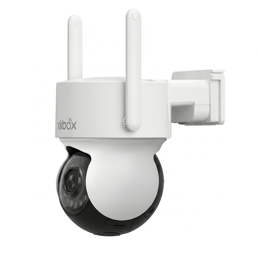 XKBOX 4G solar-powered security camera, angled view showing pan-tilt camera head and antennas